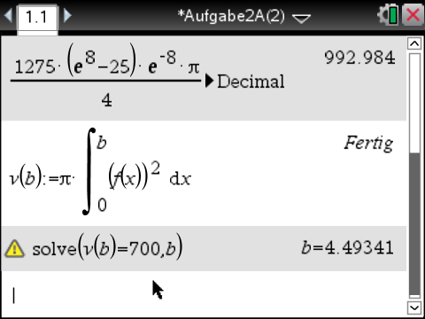 Mathematische Gleichung mit Integral und Lösung für b in einer Softwareanwendung.
