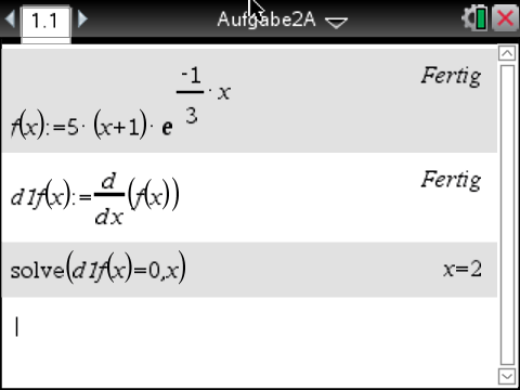Screenshot einer mathematischen Berechnung mit Funktionen und Ableitungen.
