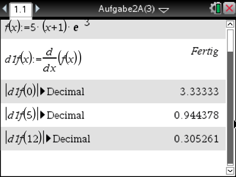 Mathematische Berechnung mit Ableitungen und Ergebnissen für verschiedene Werte.