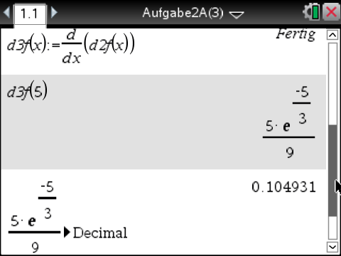 Mathematische Berechnung mit Ableitungen und Dezimaldarstellung in einer Softwareanwendung.