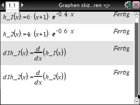 Screenshot einer mathematischen Software mit Funktionen und Ableitungen.