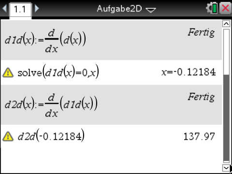 Screenshot einer mathematischen Software mit Ableitungen und Lösungen von Funktionen.