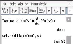 Screenshot einer mathematischen Software mit Gleichungen zur Ableitung und Lösungsfindung.