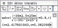 Screenshot einer mathematischen Software mit einer Gleichung und Lösung.