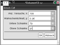 Dialogfenster mit binomischer Verteilungsfunktion und Eingabefeldern für Versuche, Wahrscheinlichkeit und Schranken.