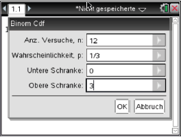 Eingabemaske für die Berechnung der Binomialverteilung mit verschiedenen Parametern.