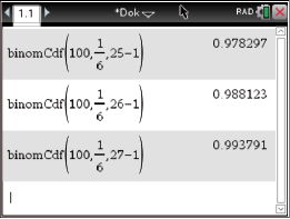 Mathematische Berechnungen mit der Funktion binomCdf in einer Software-Oberfläche.