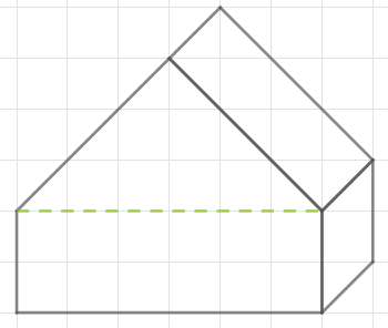 Diagramm eines Hauses mit Gitterlinien und einer grünen gestrichelten Linie.