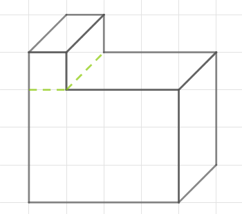 3D-Graph mit einem quaderförmigen Objekt und einer gestrichelten Linie in grün auf schwarzem Hintergrund.