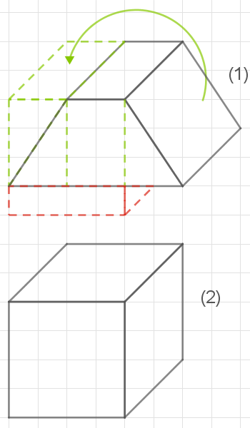 Diagramm mit geometrischen Formen und Linien auf einem Gitter, dargestellt in zwei Abschnitten.
