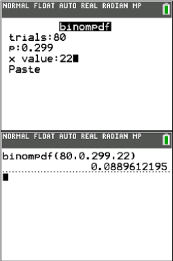 Screenshot einer mathematischen Berechnung mit binomischer Wahrscheinlichkeitsfunktion.