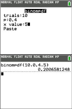 Screenshot einer Berechnung mit der binomialen Wahrscheinlichkeitsdichtefunktion auf einem Taschenrechner.