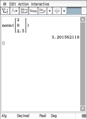 Berechnung der Norm eines Vektors mit den Werten 2, 0 und 2.5 in einer mathematischen Software.