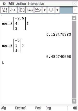 Berechnung von Normen in einem mathematischen Programm mit Ergebnissen.