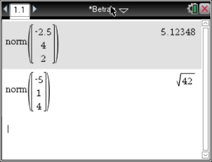 Berechnung der Normen zweier Vektoren in einer mathematischen Software.