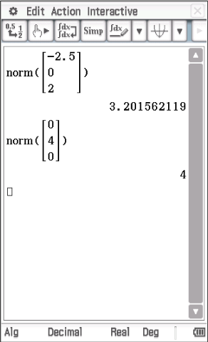 Bildschirmaufnahme eines Software-Tools zur Berechnung von Normen von Vektoren. Ergebnisse werden angezeigt.