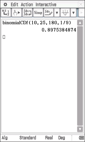 Screenshot einer mathematischen Berechnung in einer Software mit dem Ergebnis einer binomialen Verteilungsfunktion.