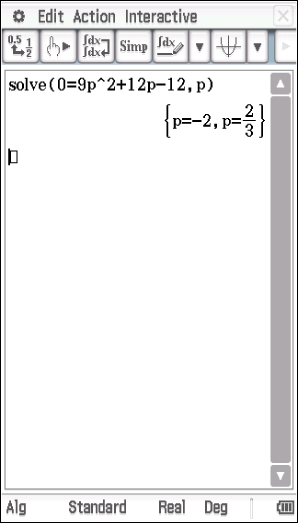 Mathematik-Software zeigt die Lösung einer Gleichung mit zwei Lösungen für p an.