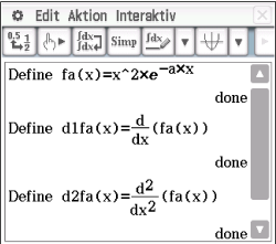 Screenshot einer mathematischen Software mit definierten Funktionen und Ableitungen.