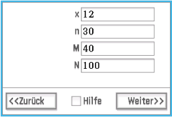 Eingabeformular mit Feldern für x, n, M und N sowie Navigationsbuttons.
