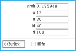 Eingabemaske mit Werten für prob, x, n, M und N sowie Schaltflächen für Zurück und Hilfe.