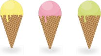 Drei Eiswaffeln mit verschiedenen Eissorten in Gelb, Rosa und Grün.