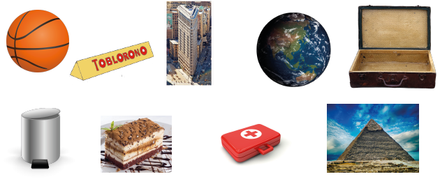 Bunte Sammlung von Icons: Basketball, Toblerone, Stadtansicht, Erde, Koffer, Mülleimer, Dessert, Erste-Hilfe-Set, Pyramide.
