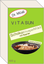 Verpackung von Dr. Müslis Vita Sun SchokoKnusperMüsli mit Rosinen, 600 g.