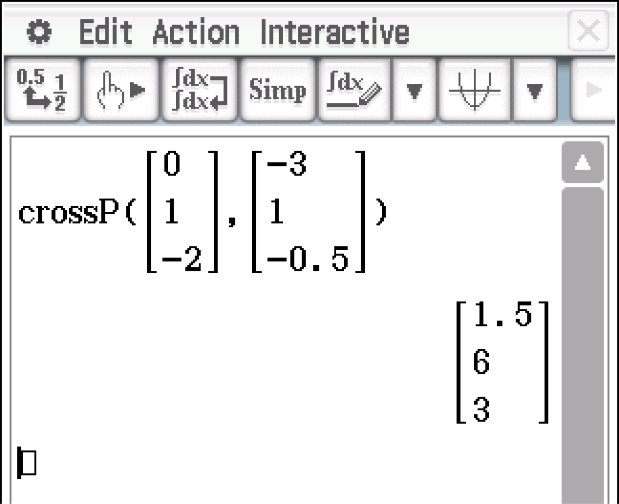 Mathematische Berechnung mit Vektoren und Kreuzprodukt in einem Software-Interface.