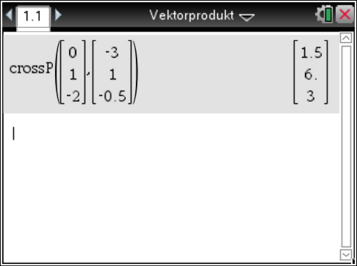 Darstellung eines Vektorprodukts mit Zahlen in einer mathematischen Software.