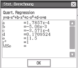 Statistische Berechnung einer quartischen Regression mit Werten für a, b, c, d, e und weiteren Parametern.