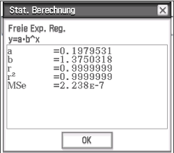 Statistische Berechnung mit Ergebnissen zu Exponentialregression und Koeffizienten.