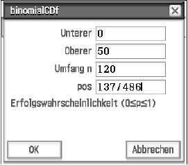 Dialogfenster einer Software zur Berechnung der binomialen kumulierten Verteilungsfunktion.