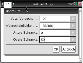 Screenshot eines Fensters mit Eingabefeldern für eine binomiale Verteilung.