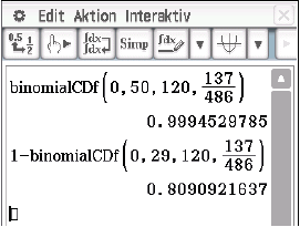 Screenshot einer mathematischen Software mit Berechnungen zur binomialen kumulativen Verteilungsfunktion.