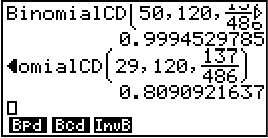 Mathematische Berechnungen auf einem Taschenrechner, einschließlich binomiale Verteilungen und Werte.