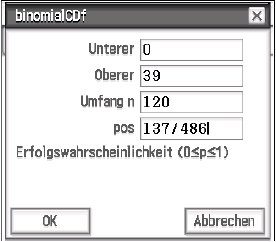 Dialogfenster zur Berechnung der binomialen kumulierten Verteilungsfunktion mit Eingabefeldern.