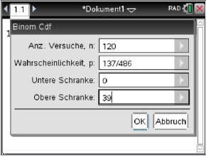 Eingabemaske für die Berechnung der binomialen kumulativen Verteilung. Parameter wie Versuche und Wahrscheinlichkeiten sind sichtbar.