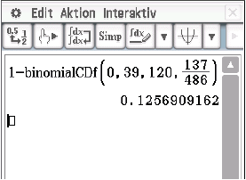 Mathematische Berechnung mit binomialCDF und Ergebnisanzeige auf einem Computerbildschirm.