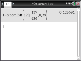 Screenshot einer mathematischen Berechnung mit binomischer Verteilung und Ergebnis.