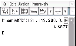 Screenshot einer Software mit einer Berechnung zur binomialen kumulativen Verteilungsfunktion.