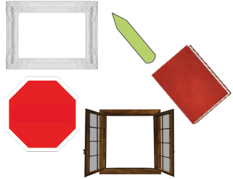 Verschiedene Objekte: ein Bilderrahmen, ein Stift, ein Buch, ein Stoppschild und ein offenes Fenster.