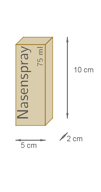 Alt-Tag: Abbildung eines Nasensprays mit den Maßen 10 cm hoch, 5 cm breit und 2 cm tief.