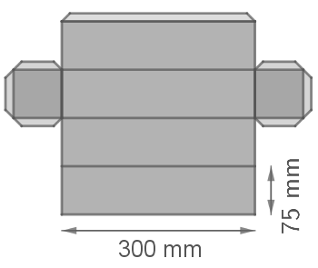 Skizze eines rechteckigen Objekts mit Maßen von 300 mm x 75 mm und seitlichen Anhängern.