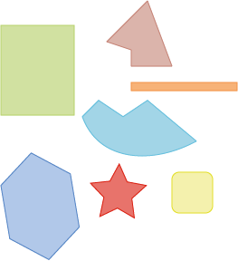 Bunte geometrische Formen in verschiedenen Farben und Größen auf weißem Hintergrund.
