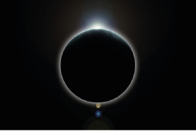 Sonnenfinsternis mit strahlendem Licht und dunklem Mond vor einem schwarzen Hintergrund.