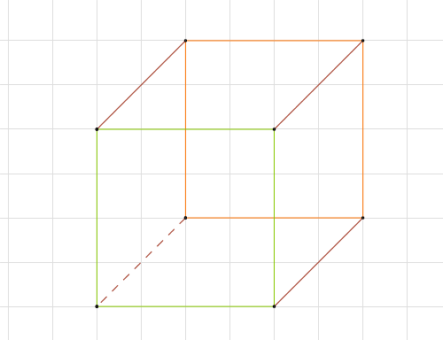 Geometrische Figur auf einem Raster, bestehend aus orangefarbenen und grünen Linien.