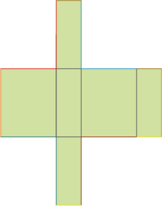 Diagramm eines geometrischen Objekts in Form eines Kreuzes, mit verschiedenen Farben und Linien.