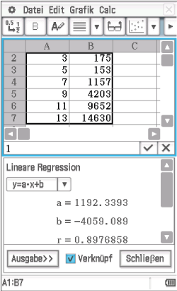 Tabelle mit Zahlen und linearer Regression in einer Softwareanwendung.