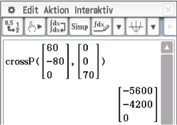 Mathematische Berechnung in einer Software, zeigt Kreuzprodukt und Matrizen.